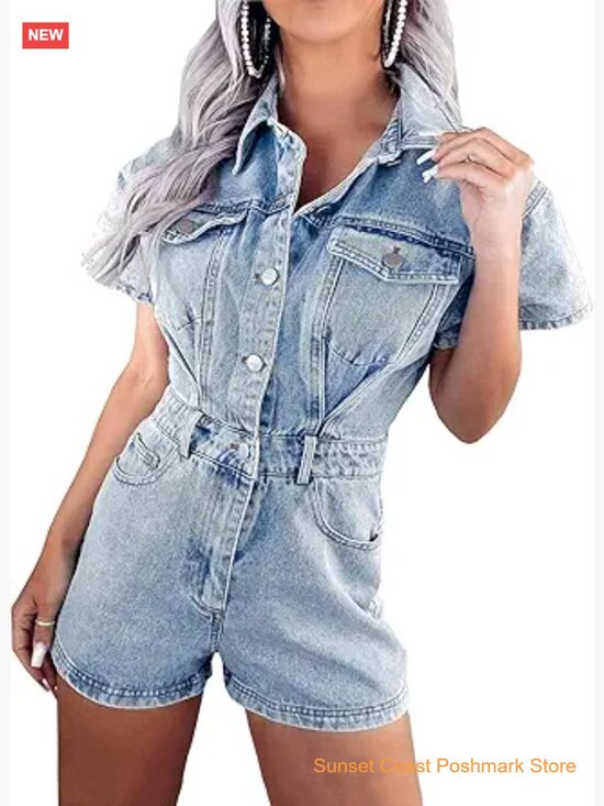 Pants - Distressed Button Front Denim Romper Short Sleeve Vintage Slim Fit Jumpsuit